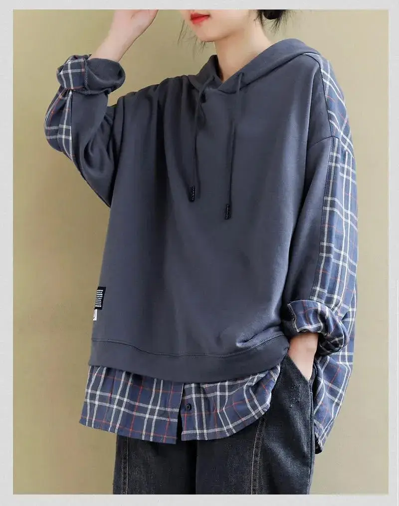 Women's Purple Hooded Sweatshirt with Plaid Shirt — feature 2