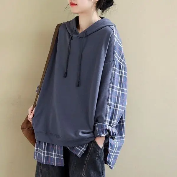 Women's Purple Hooded Sweatshirt with Plaid Shirt — feature 3