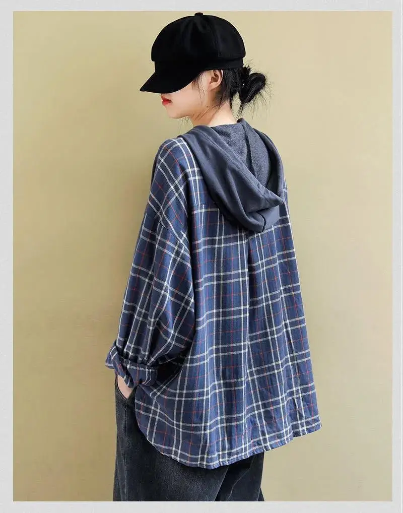 Women's Purple Hooded Sweatshirt with Plaid Shirt — feature 4
