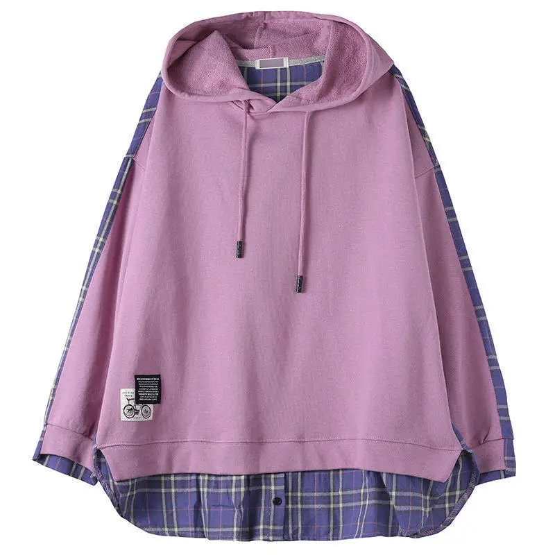 Women's Purple Hooded Sweatshirt with Plaid Shirt — feature 5