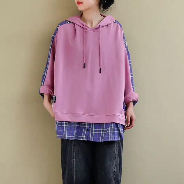 Women's Purple Hooded Sweatshirt with Plaid Shirt — feature 9