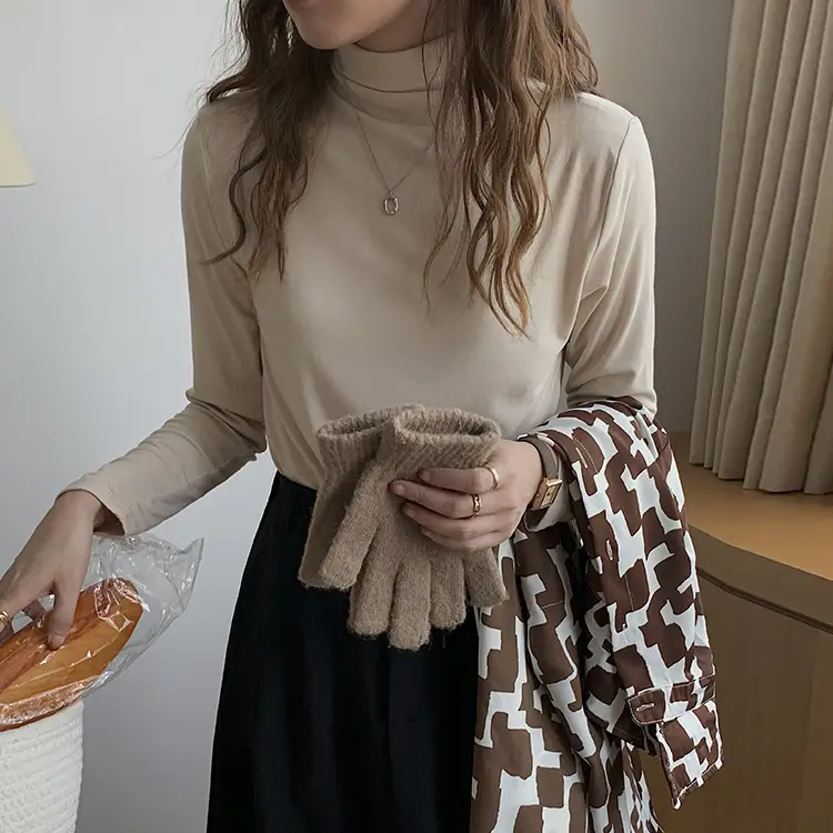 Women's Brown Long Sleeve Half-High Neck Shirt - Image 7