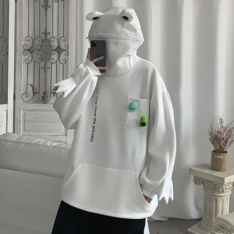 Men's White Hooded Pullover Sweater Winter Coat
