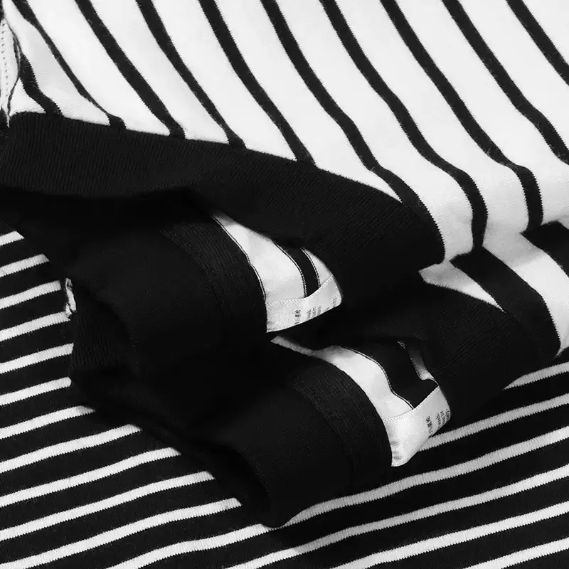 Black White Striped Long Sleeve T-Shirt Round Neck