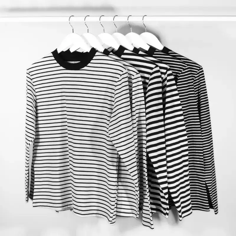 Black White Striped Long Sleeve T-Shirt Round Neck