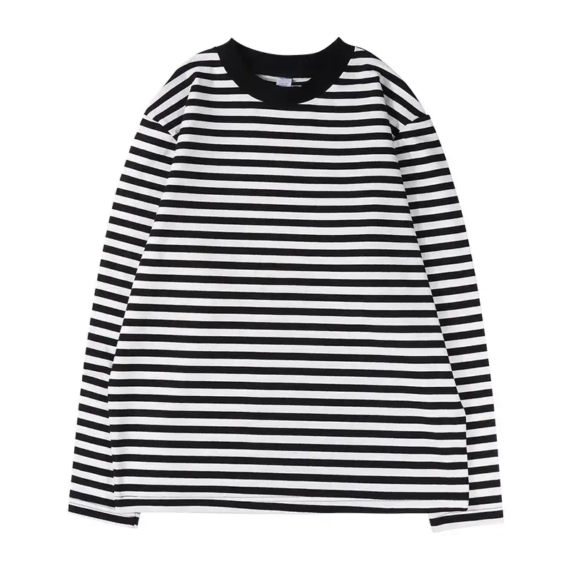Black White Striped Long Sleeve T-Shirt Round Neck