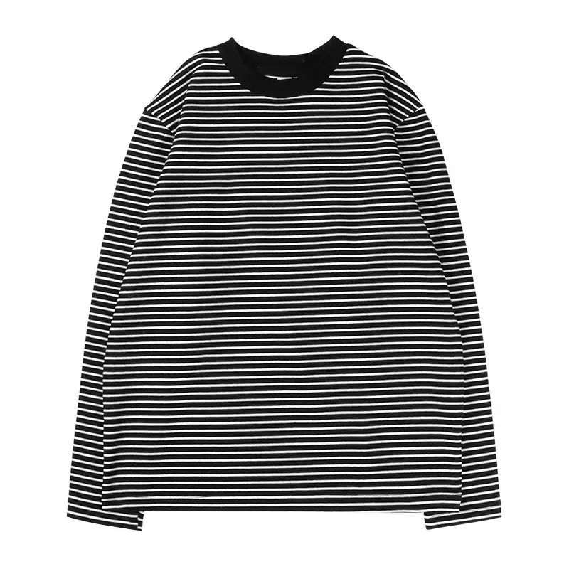 Black White Striped Long Sleeve T-Shirt Round Neck