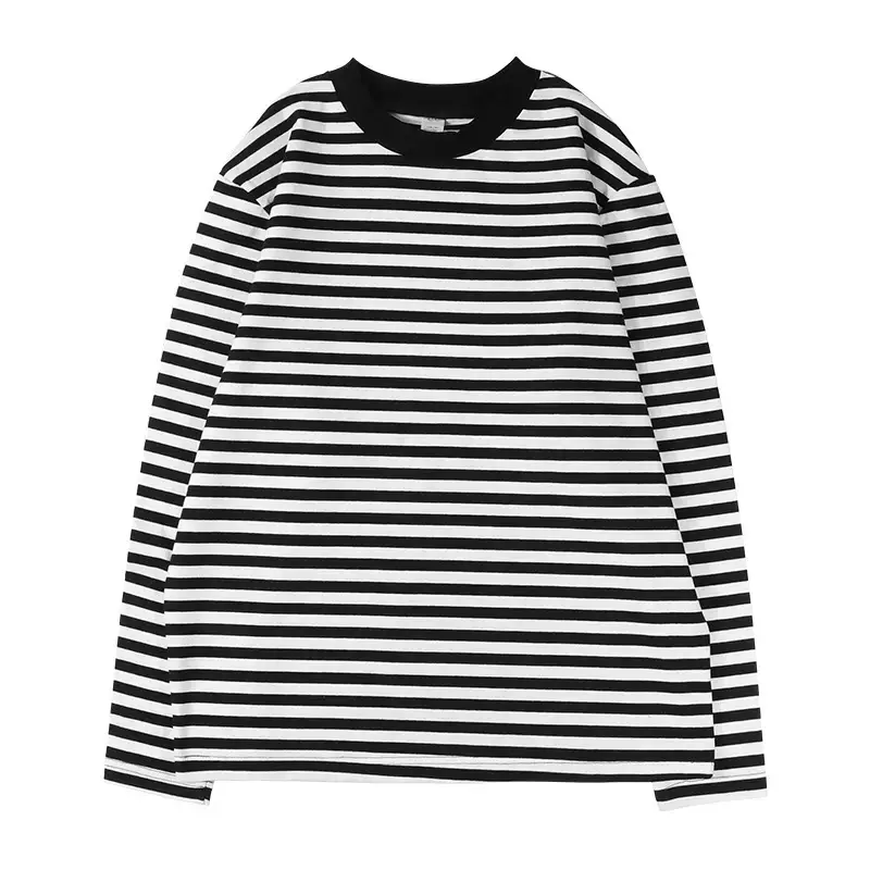 Black White Striped Long Sleeve T-Shirt Round Neck