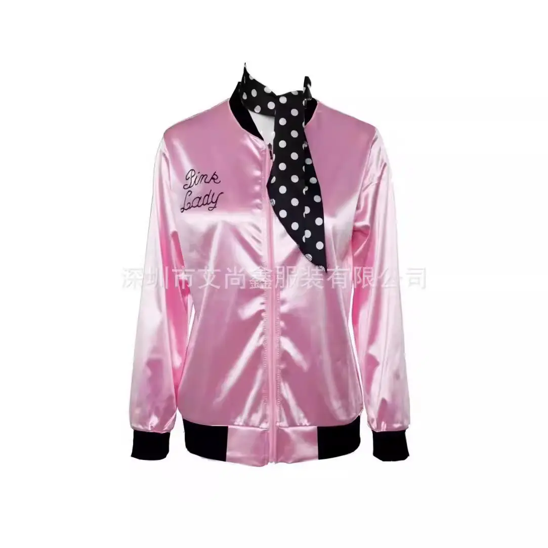 Pink Silk Bomber Jacket with Polka Dot Scarf for Women - Image 4