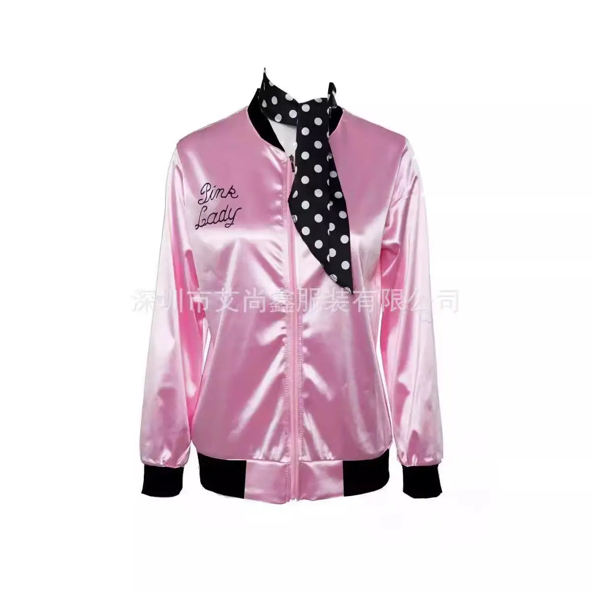 Pink Silk Bomber Jacket with Polka Dot Scarf for Women - Image 5