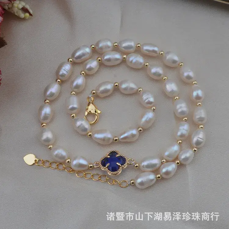 Factory Direct Freshwater Pearl 7-8mm Necklace Gold Rice Pearl Chain - Image 10