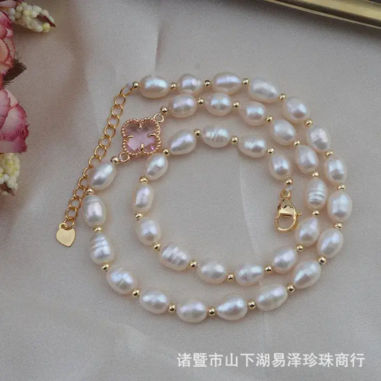 Factory Direct Freshwater Pearl 7-8mm Necklace Gold Rice Pearl Chain - Image 2