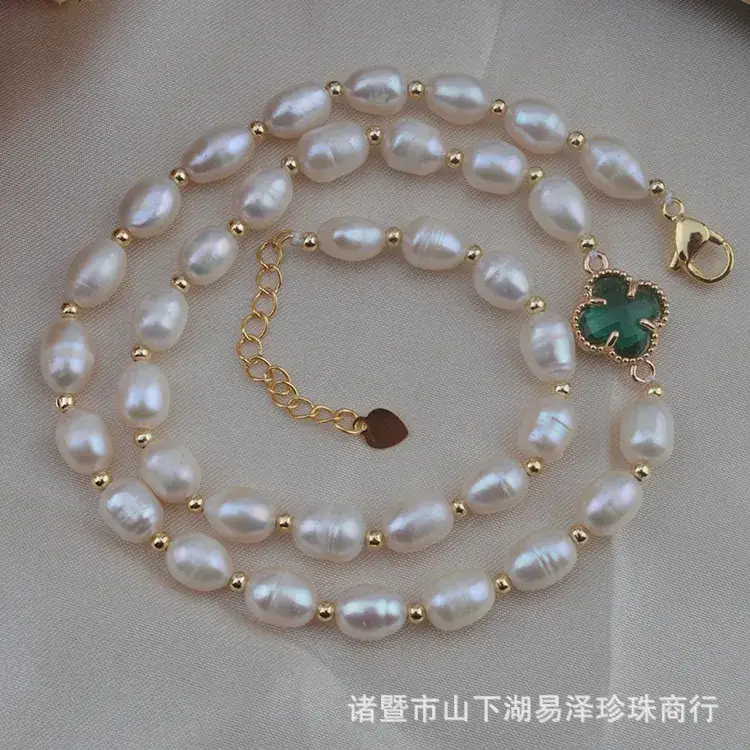 Factory Direct Freshwater Pearl 7-8mm Necklace Gold Rice Pearl Chain - Image 4