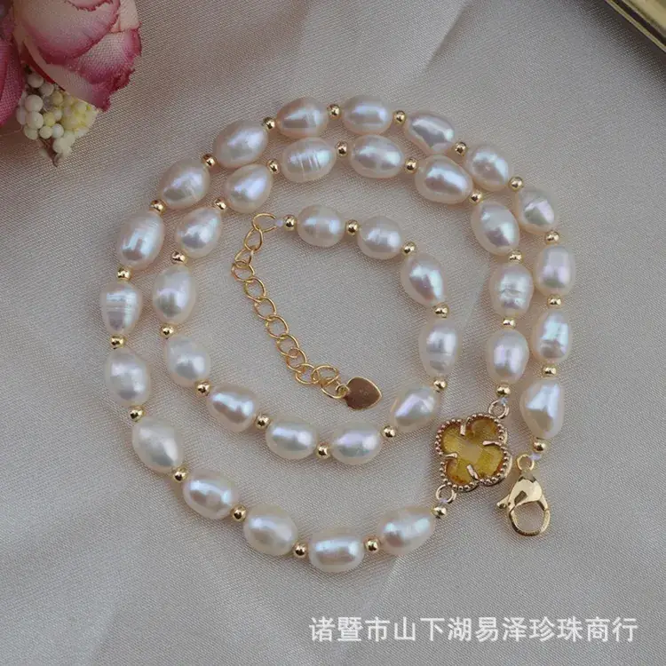 Factory Direct Freshwater Pearl 7-8mm Necklace Gold Rice Pearl Chain - Image 5