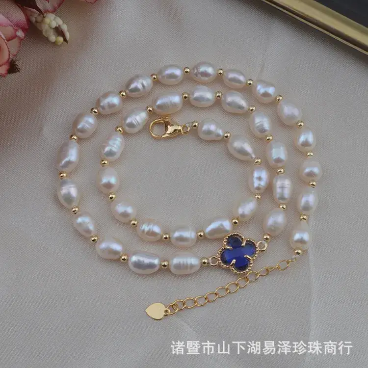 Factory Direct Freshwater Pearl 7-8mm Necklace Gold Rice Pearl Chain - Image 6