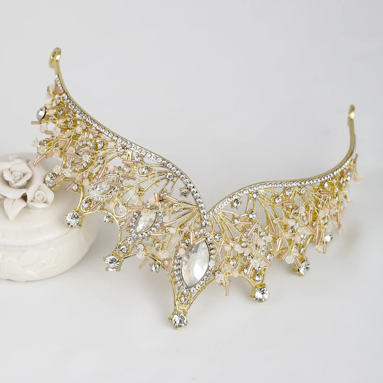 Gold Crystal Flower Crown for Girls Princess Birthday Stage Accessory — feature 11