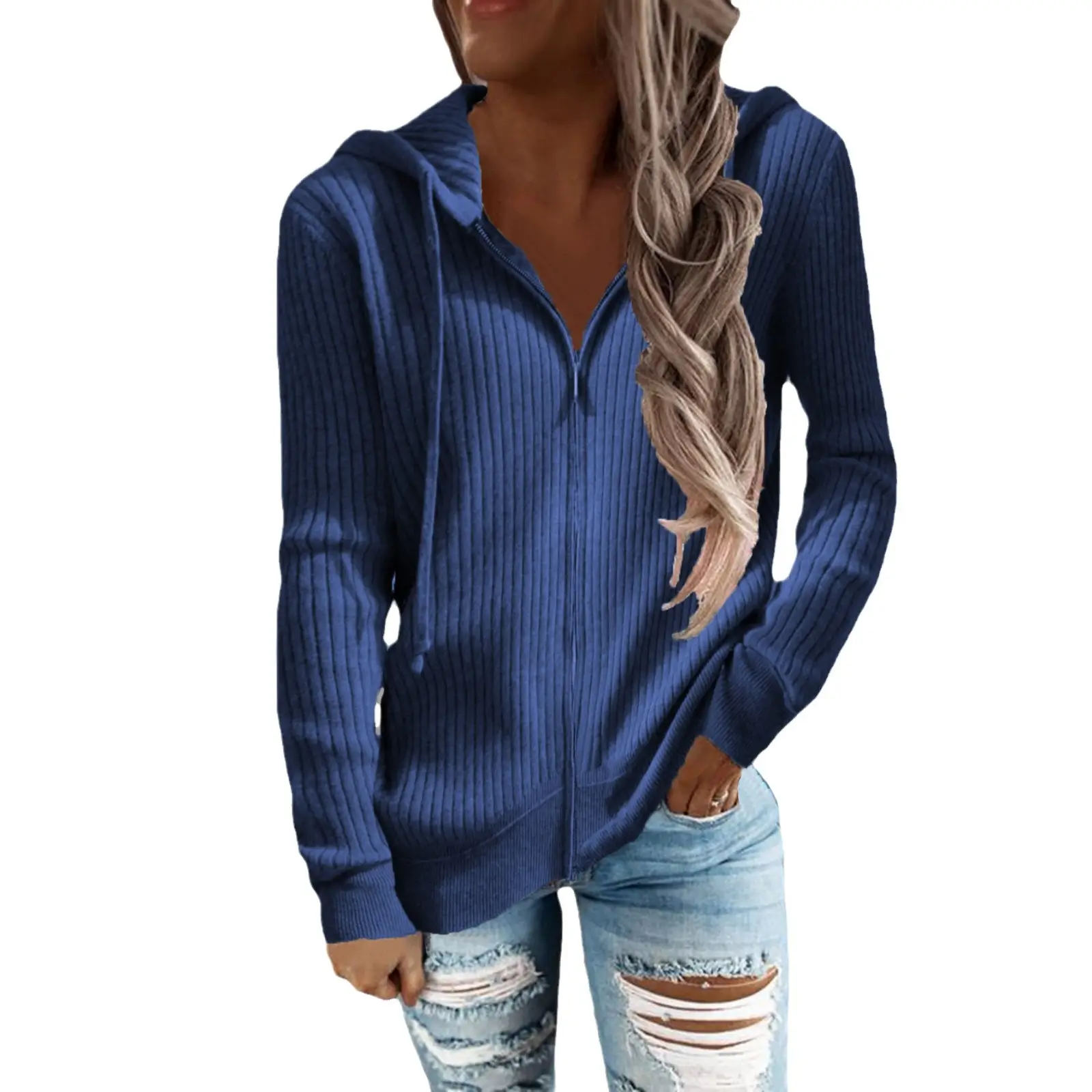 Women White Striped Zipper Cardigan Long Sleeve Hooded Sweater - Image 12