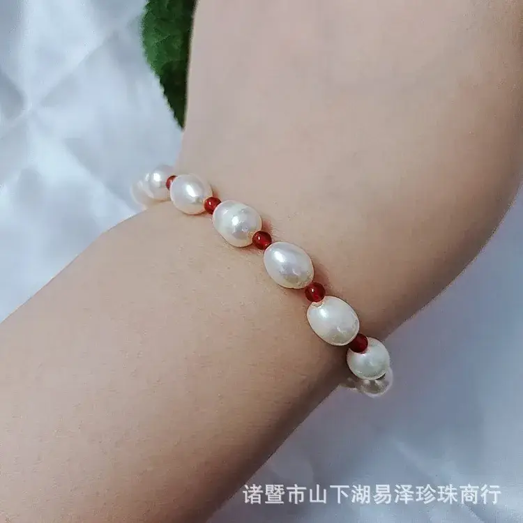 Freshwater Pearl Stretch Bracelet Red Agate 7-8mm