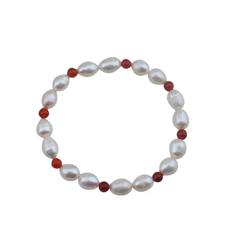 Freshwater Pearl Stretch Bracelet Red Agate 7-8mm