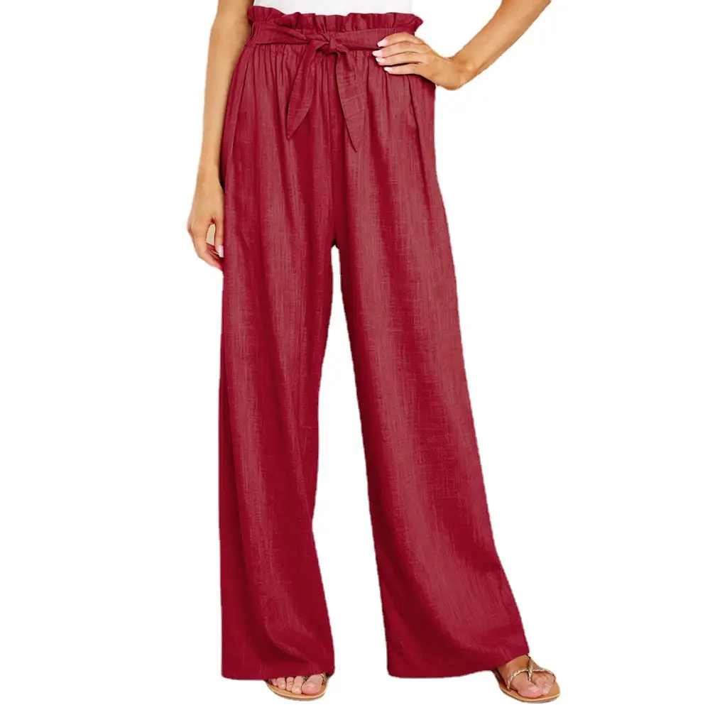 Women's Maroon Loose Cotton Linen Pants Plus Size - Image 11