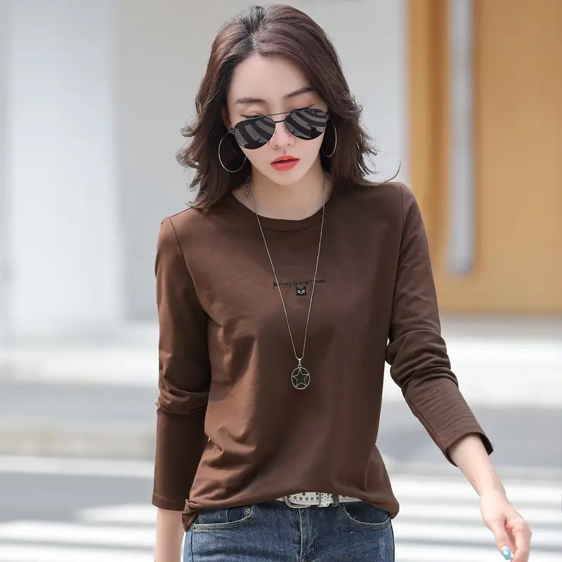 Women Long Sleeve T-Shirt Purple Korean Embroidered 95Cotton
