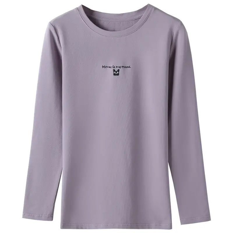 Women Long Sleeve T-Shirt Purple Korean Embroidered 95Cotton