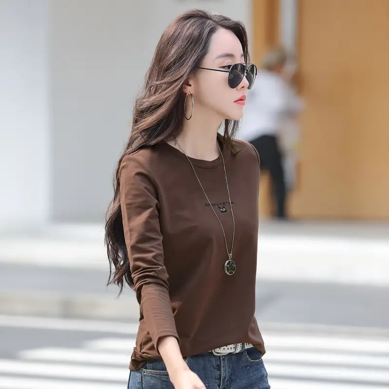 Women Long Sleeve T-Shirt Purple Korean Embroidered 95Cotton