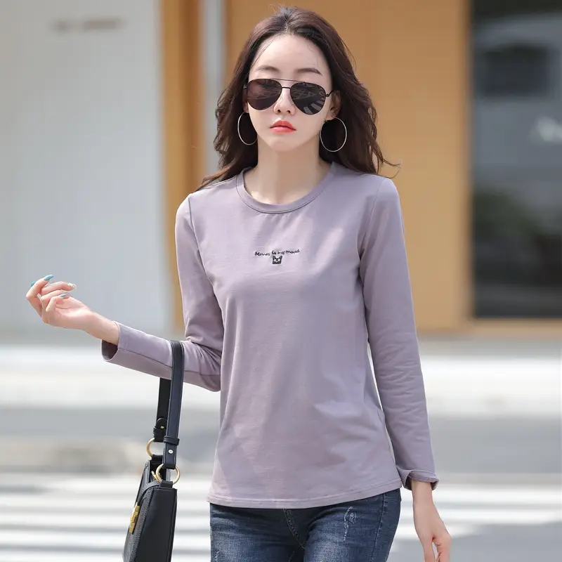 Women Long Sleeve T-Shirt Purple Korean Embroidered 95Cotton