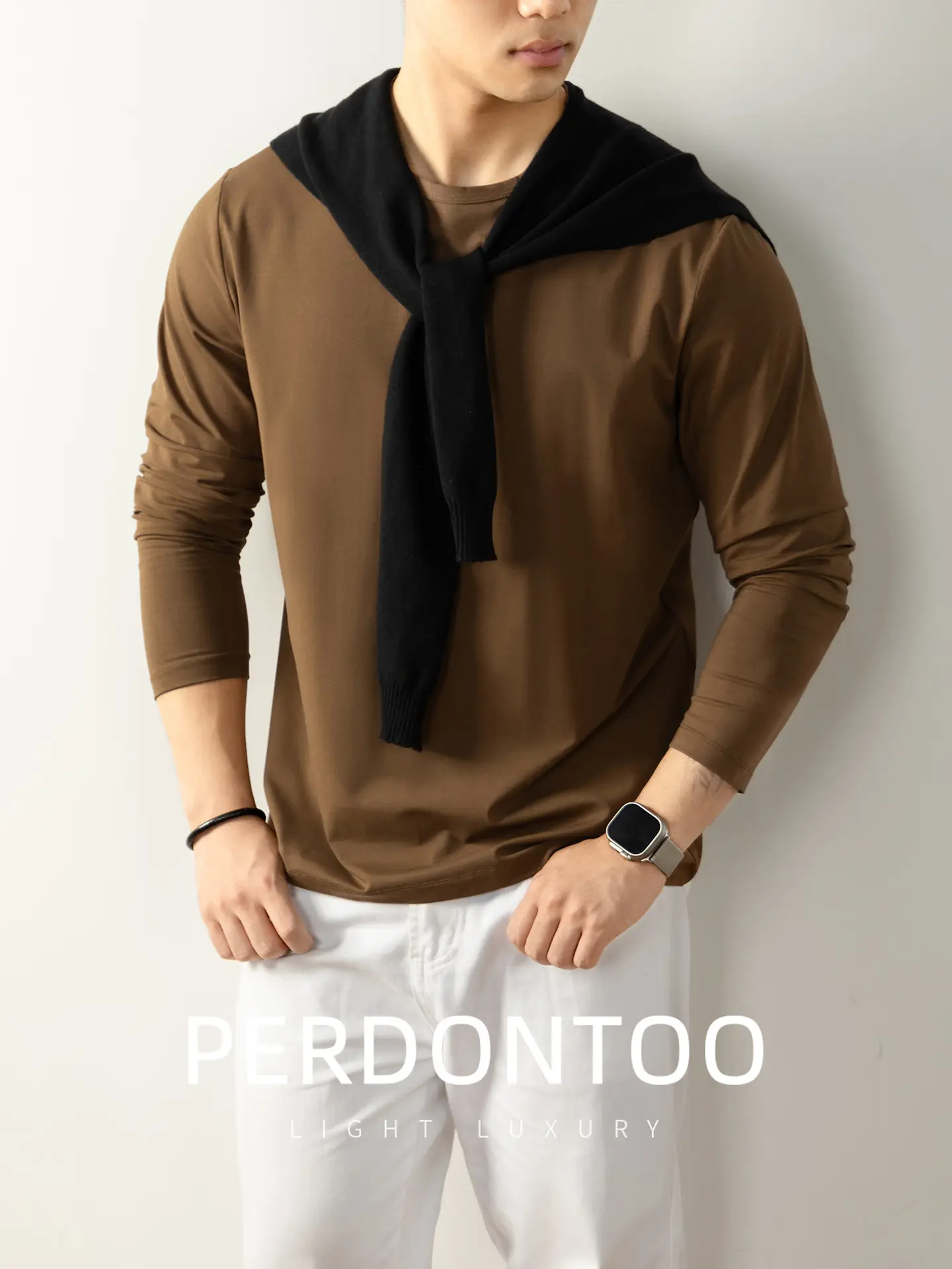 Men Light Luxury Long Sleeve T-Shirt White - Image 10