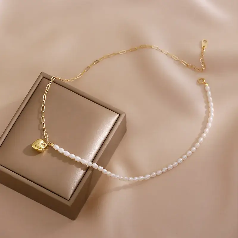 Korean Style Pearl Necklace with Peach Heart Pendant 14K Gold - Image 2