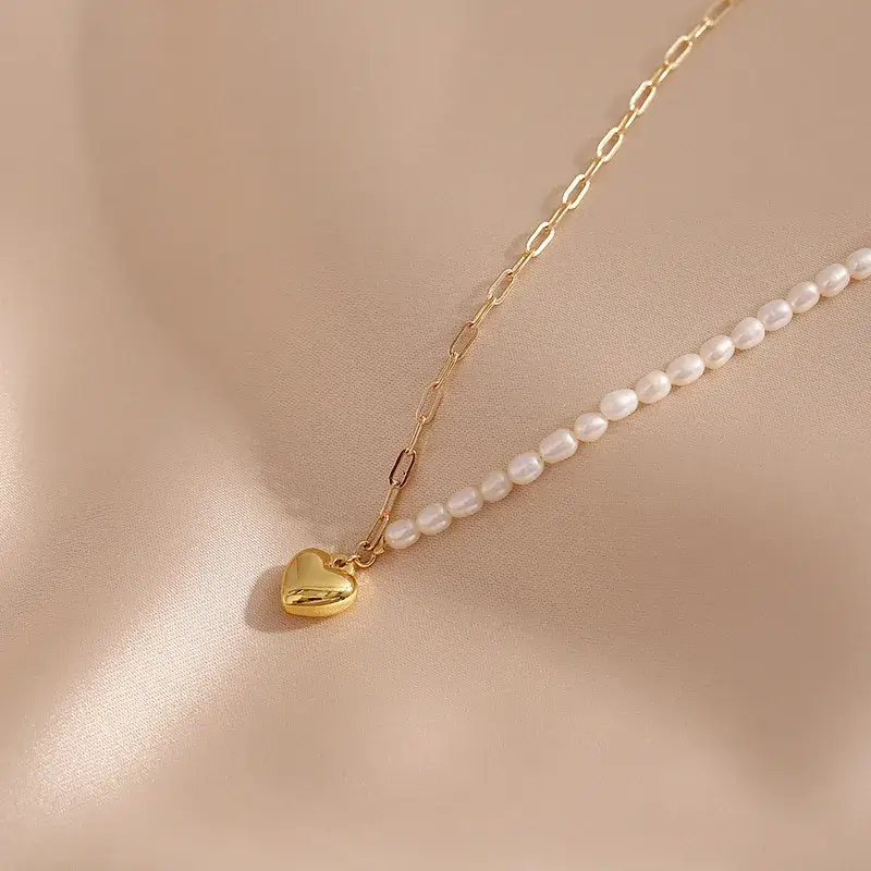 Korean Style Pearl Necklace with Peach Heart Pendant 14K Gold - Image 3