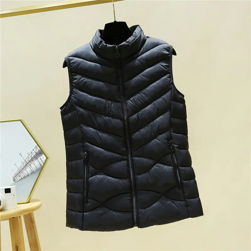 Women's Black Down Vest Slim Fit Stand-Up Collar