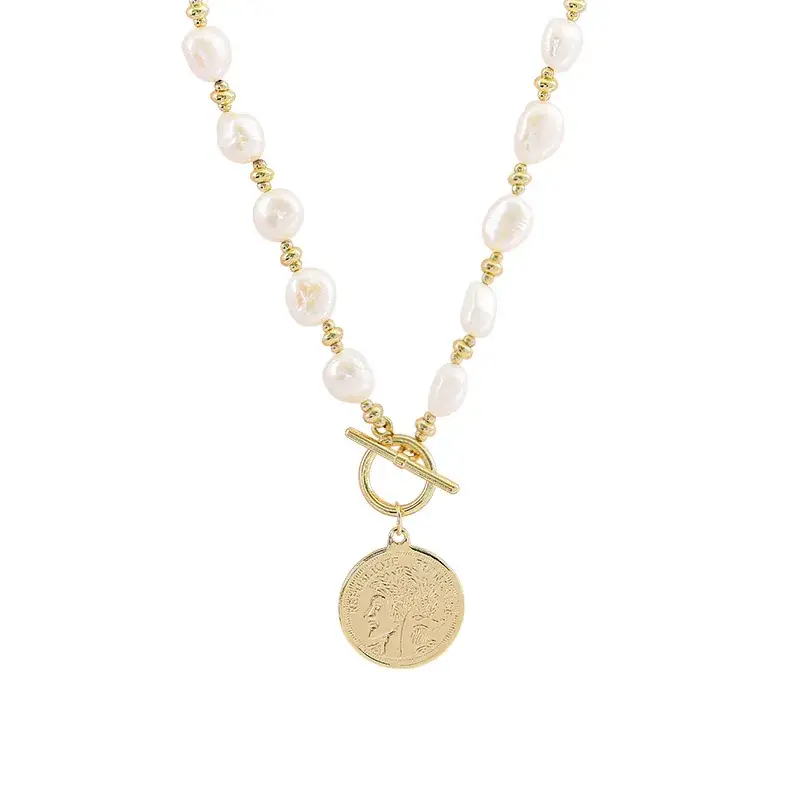14K Gold Pearl Necklace with Ot Buckle Clavicle Chain