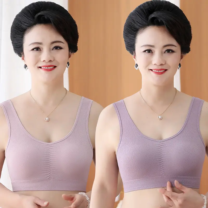 Mom's Underwear Women's Vest-style Middle-aged and Elderly Bra Ice Silk Traceless Push-up Anti-sagging Non-rimmed Bra Thin Large Size