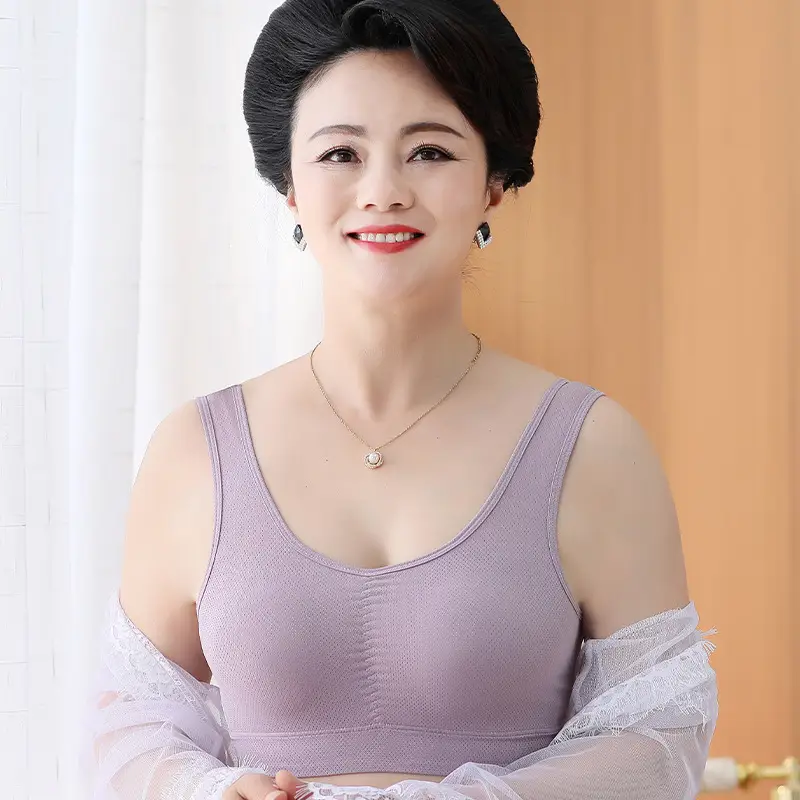 Mom's Underwear Women's Vest-style Middle-aged and Elderly Bra Ice Silk Traceless Push-up Anti-sagging Non-rimmed Bra Thin Large Size