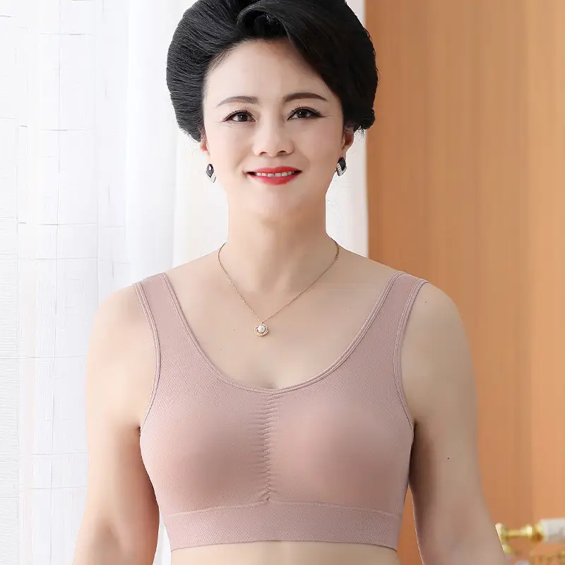 Mom's Underwear Women's Vest-style Middle-aged and Elderly Bra Ice Silk Traceless Push-up Anti-sagging Non-rimmed Bra Thin Large Size
