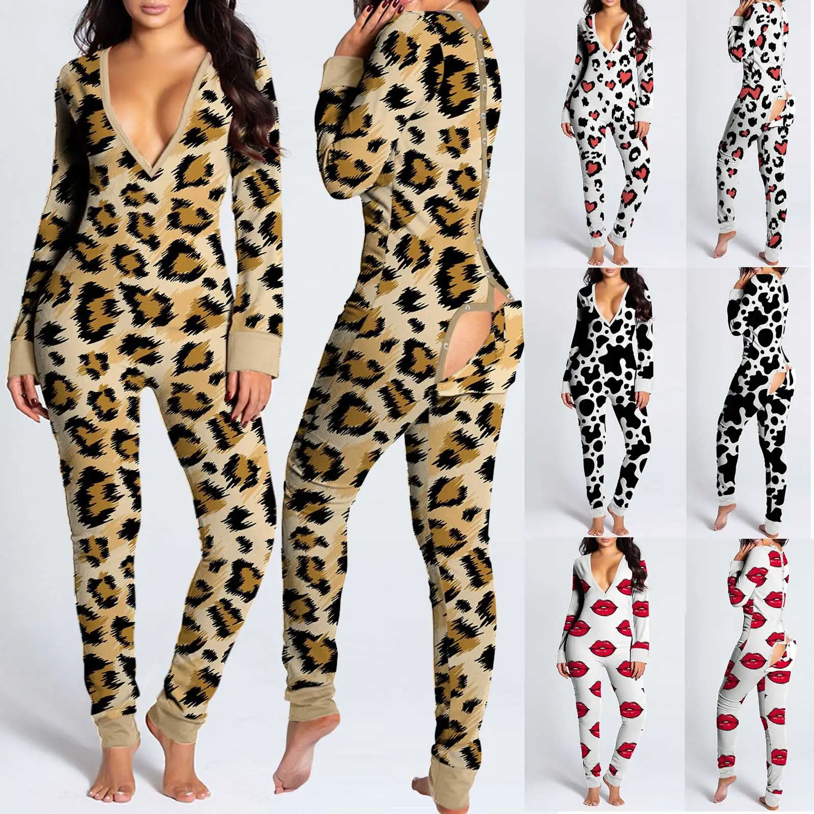 Women Leopard Print V-Neck Snap Jumpsuit Pajamas