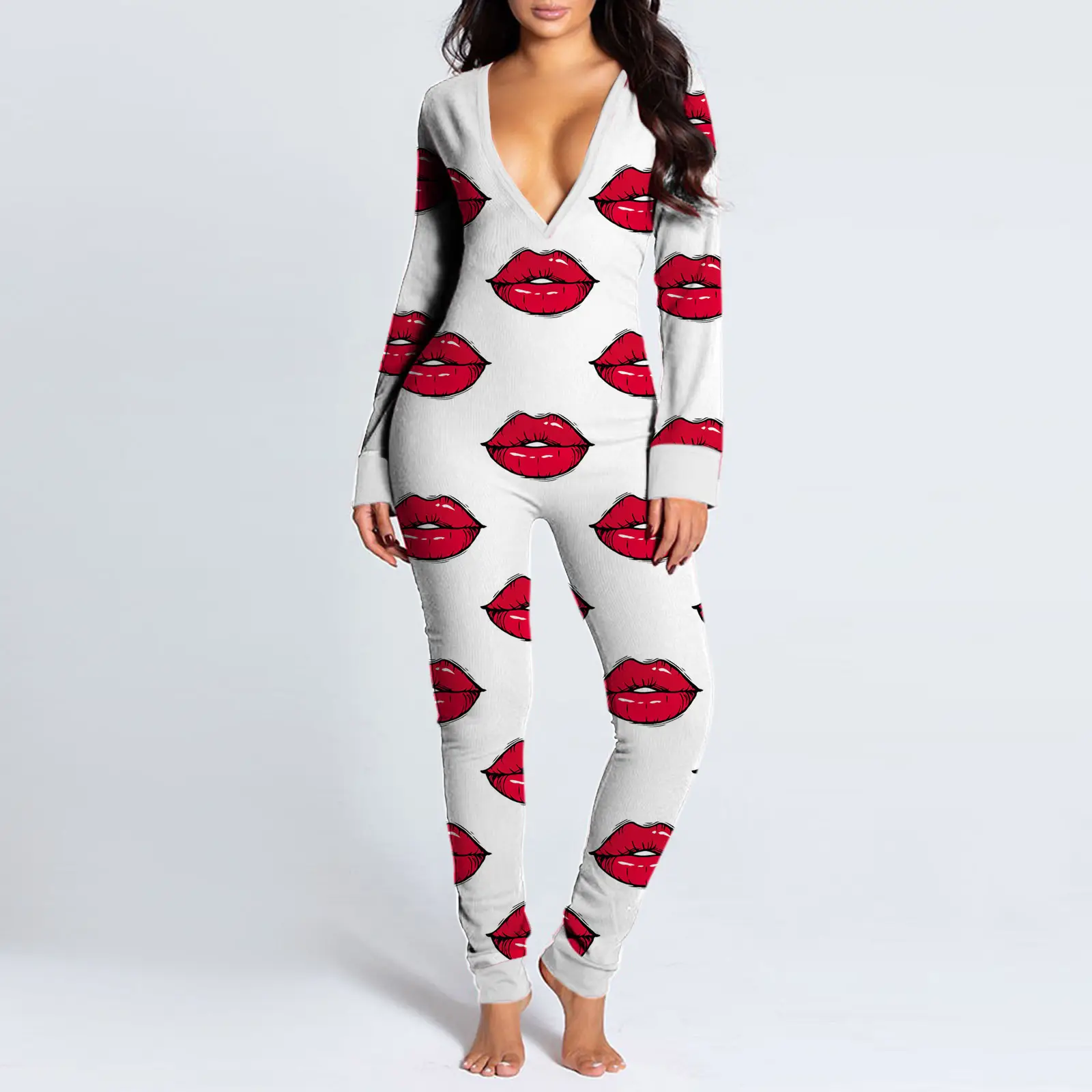 Women Leopard Print V-Neck Snap Jumpsuit Pajamas