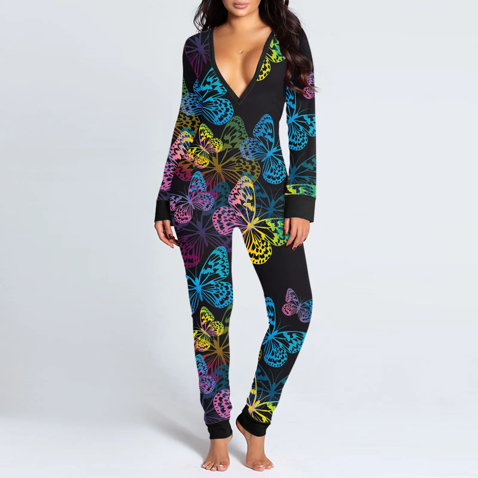 Women Leopard Print V-Neck Snap Jumpsuit Pajamas