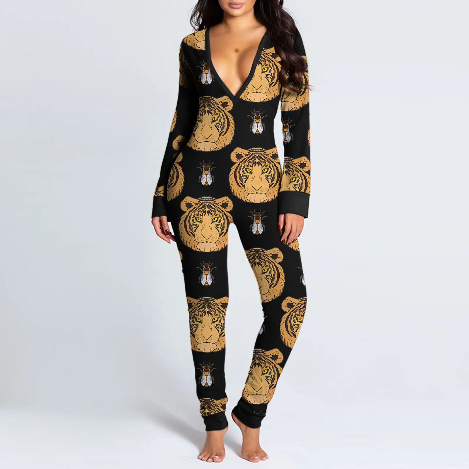 Women Leopard Print V-Neck Snap Jumpsuit Pajamas