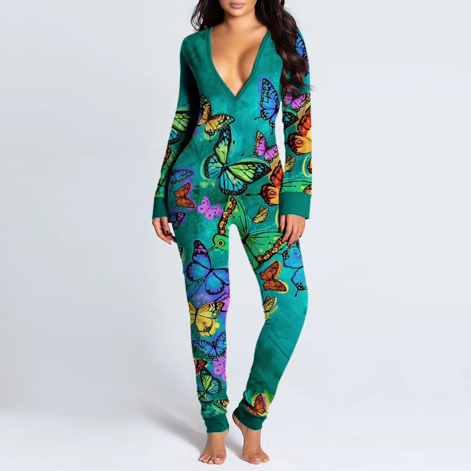 Women Leopard Print V-Neck Snap Jumpsuit Pajamas