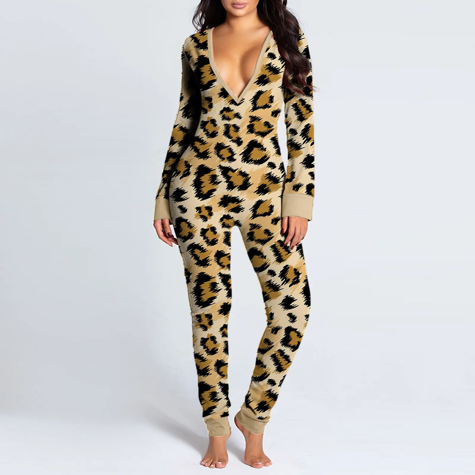 Women Leopard Print V-Neck Snap Jumpsuit Pajamas
