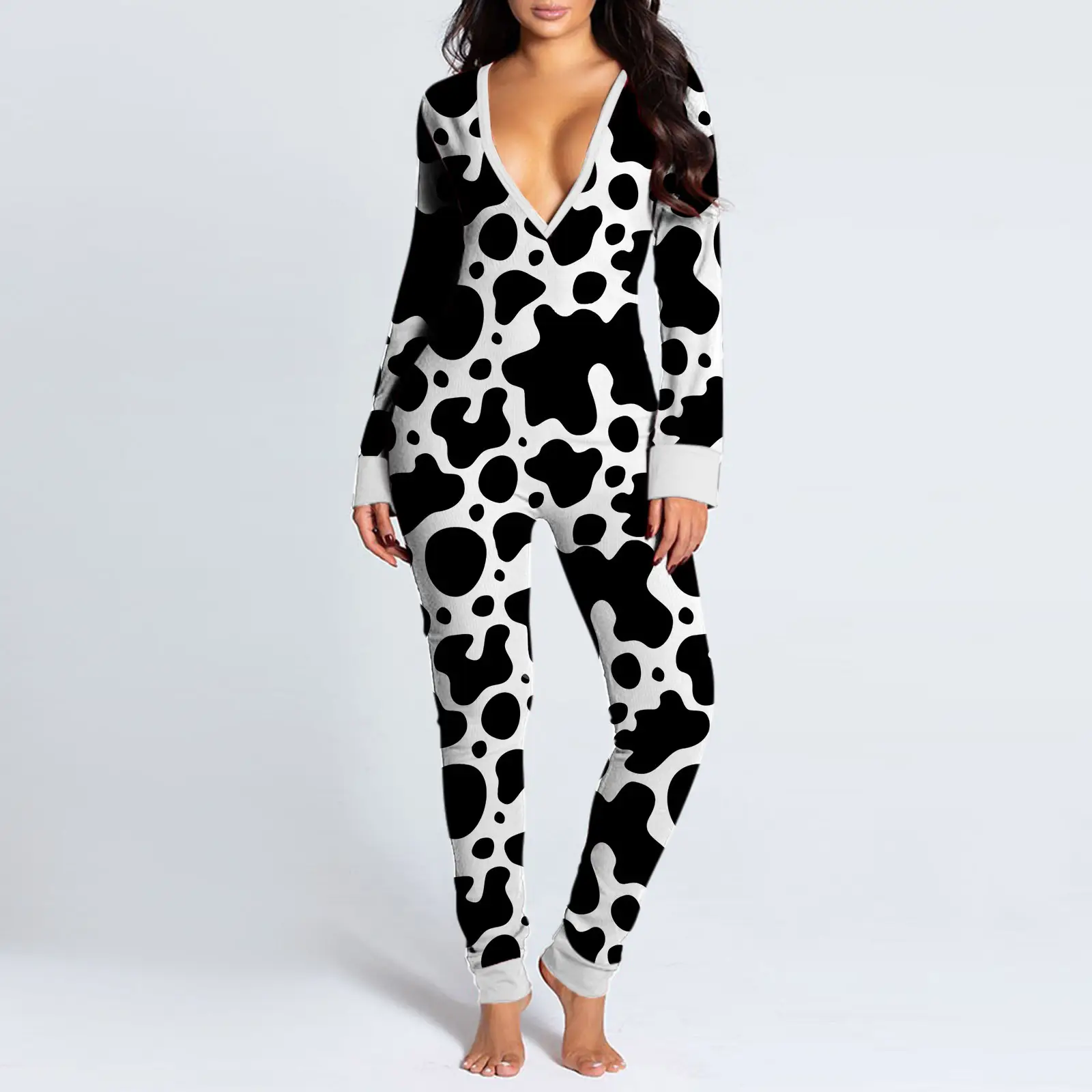 Women Leopard Print V-Neck Snap Jumpsuit Pajamas