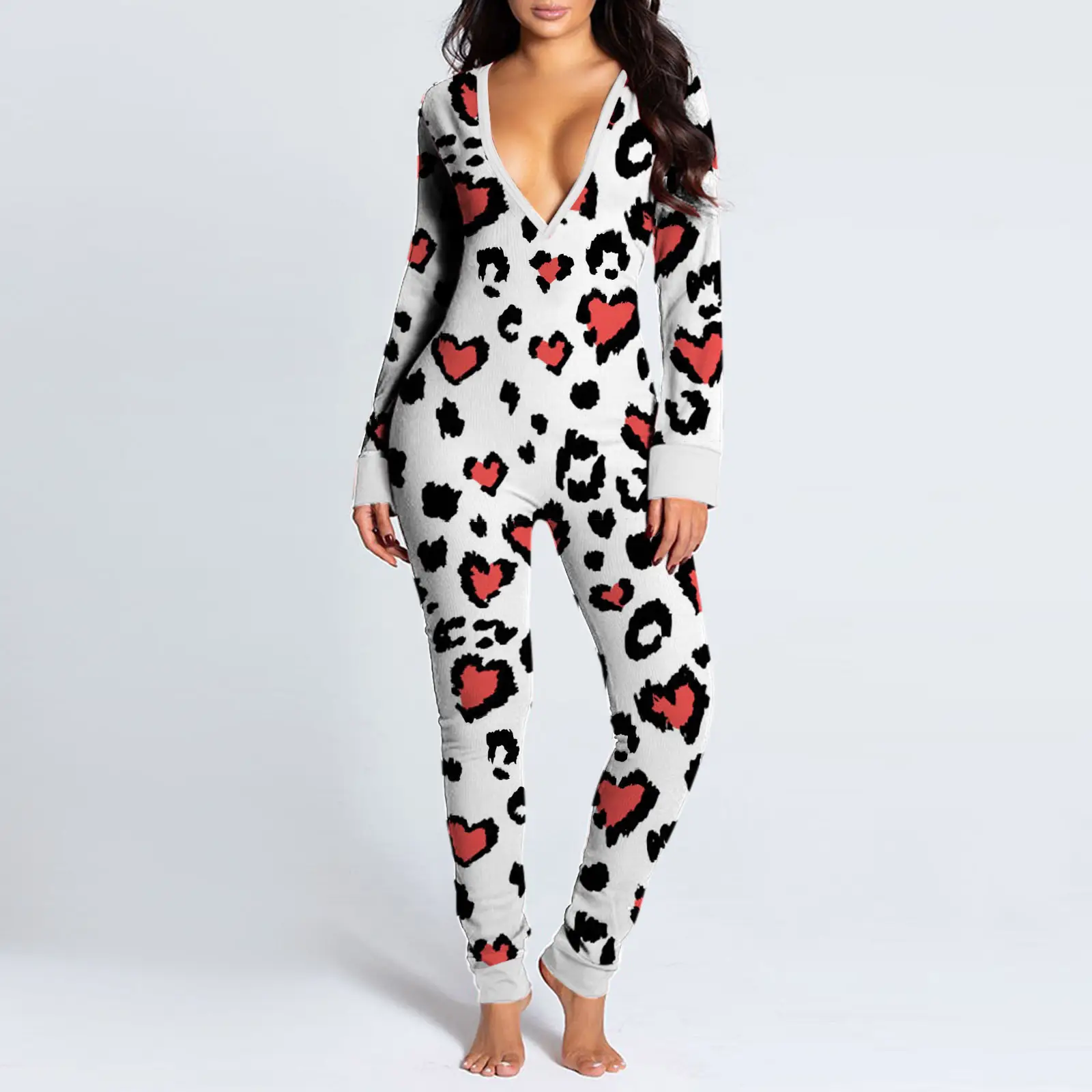 Women Leopard Print V-Neck Snap Jumpsuit Pajamas