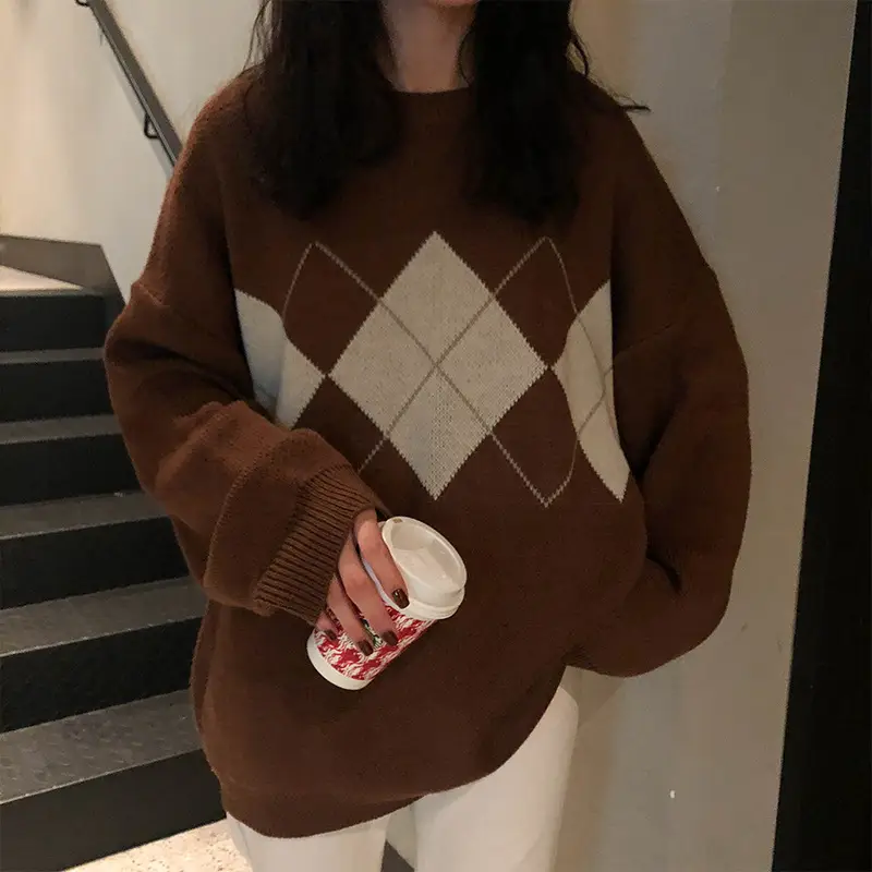 Women Brown Diamond Plaid Knitted Sweater Coat - Image 5