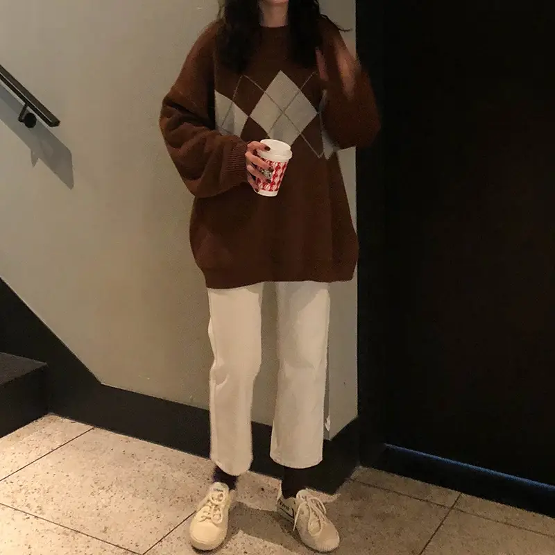 Women Brown Diamond Plaid Knitted Sweater Coat - Image 6