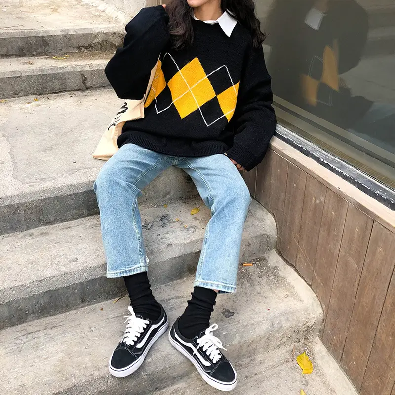 Women Brown Diamond Plaid Knitted Sweater Coat - Image 7