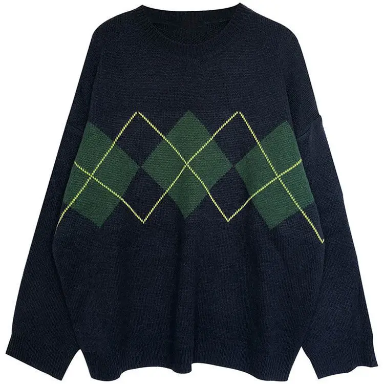 Women Brown Diamond Plaid Knitted Sweater Coat - Image 8