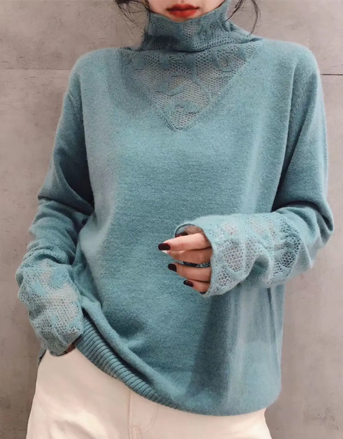 Autumn Winter Turtleneck Knitwear with Lace — feature 9