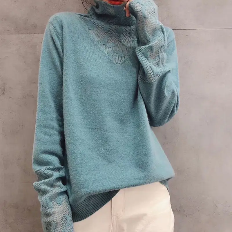Autumn Winter Turtleneck Knitwear with Lace